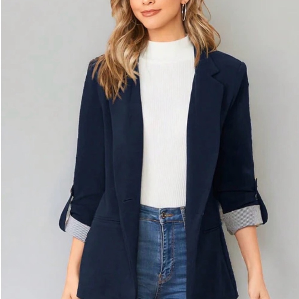 Navy Blue Lapel Notch Collar Roll Tab Sleeve Blazer